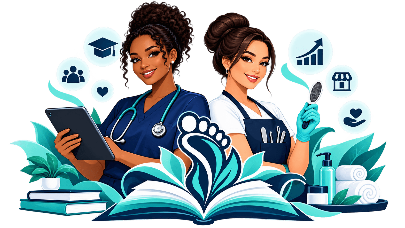 Illustration of a nurse and licensed manicurist with books and learning materials